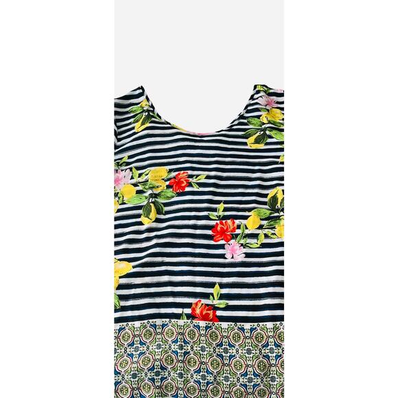 VALERIE STEVENS 3/4 BELL SLV PULL-OVER BLOUSE, WOMEN-2X-BLA/WHI STRIPED & FLORAL - Picture 6 of 10